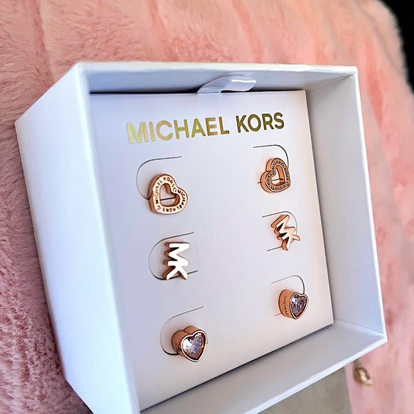 Michael Kors Rose Gold Open Heart/MK Logo/Pave’ Crystal Stud Earrings w/Dust Bag - Picture 3 of 14